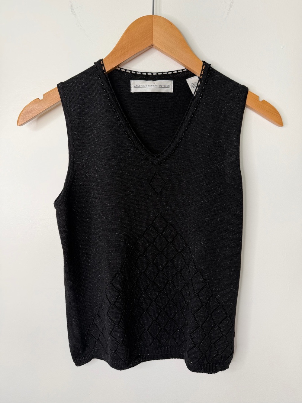 Vintage Valerie Stevens Silk Blend Black Beaded Argyle Sparkly Vest Y2K PM